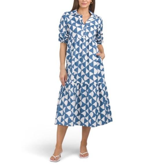 Rachel Zoe Blue & White Geo Print Midi Shirt Dress Sz M - Picture 1 of 6